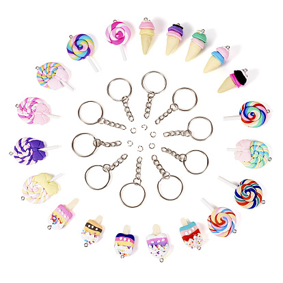 Наборы для ключей, с ручной полимерной глины подвески, с железным винтом с проушиной, с металлическими кольцами для ключей, мороженое, леденец и мороженое