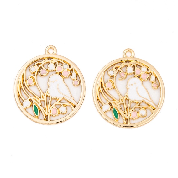 Crémaillère placage pendentifs en émail d'alliage, plat rond avec breloque oiseau et fleur