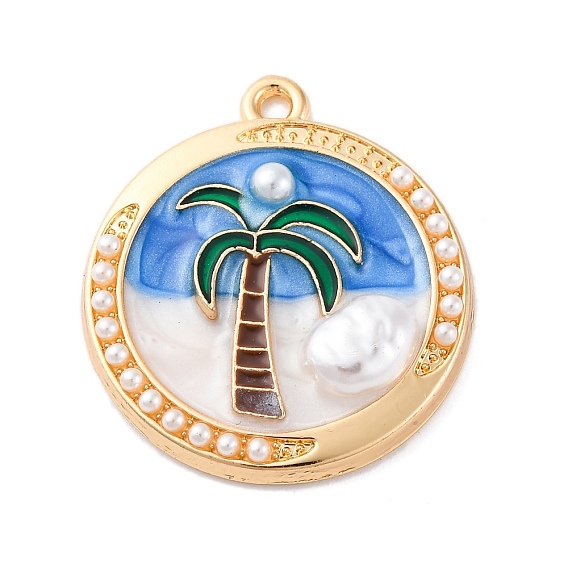 Подвески из эмали и сплава, с ABS имитации жемчуга, без кадмия, без никеля и без свинца, стойки покрытие, плоский круглый с подвеской из кокосовой пальмы, золотые