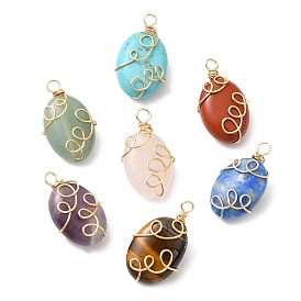 7Pcs Natural Mixed Gemstone Copper Wire Wrapped Pendents, Oval Charms, Light Gold