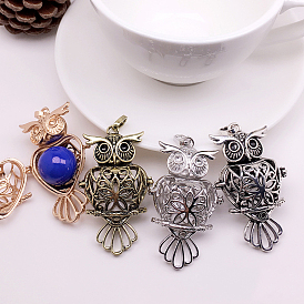 Brass Bead Cage Pendants, Hollow Owl Charms, for Chime Ball Pendant Necklaces Making