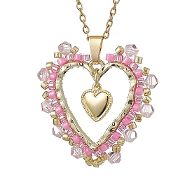 Seed Beads & Glass Heart Pendant Necklaces, 304 Stainless Steel Cable Chain Necklaces for Women