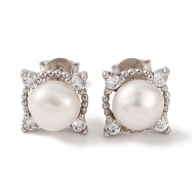 925 Sterling Silver Square Stud Earrings, with Natural Pearl & Clear Cubic Zirconia