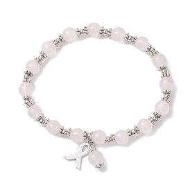 Natural Round Rose Quartz Bracelets, Alloy Stretch Bracelets for Women, Antique Silver