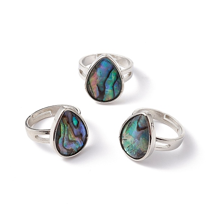Natural Paua Shell Adjustable Rings, Brass Jewelry for Women, Platinum, Cadmium Free & Lead Free