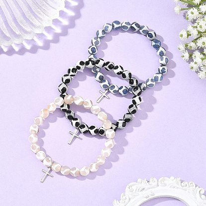 3Pcs 3 Colors Tibetan Style Turtle Back Pattern dZi Round Beaded Stretch Bracelet Sets, 201 Stainless Steel Religion Cross Charm Adjustable Stackable Bracelets, Stainless Steel Color