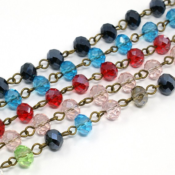 Handmade Glass Faceted Rondelle Beads Chains, with  Iron Eye Pin, Unwelded, Antique Bronze, 8mm, about 39.37 inch(1m)/strand