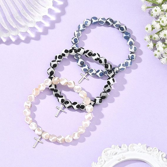 3Pcs 3 Colors Tibetan Style Turtle Back Pattern dZi Round Beaded Stretch Bracelet Sets, 201 Stainless Steel Religion Cross Charm Adjustable Stackable Bracelets, Stainless Steel Color