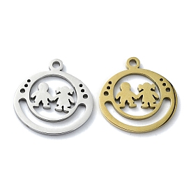 304 Stainless Steel Pendants, Laser Cut, Flat Round with Couple Charm