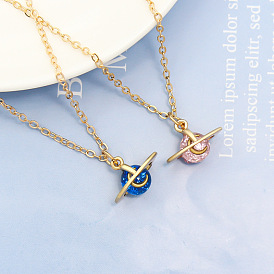Galactic Moon and Stars Necklace in Blue and Pink - Fashionable Cosmic Jewelry