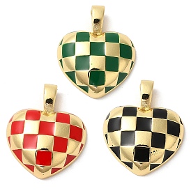 Rack Plating Brass Enamel Pendants, Long-Lasting Plated, Cadmium Free & Lead Free, Heart with Tartan Pattern Charm, Real 18K Gold Plated