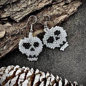 Glass Seed Braided Skull Dangle Earrings, Halloween Jewelry for Women