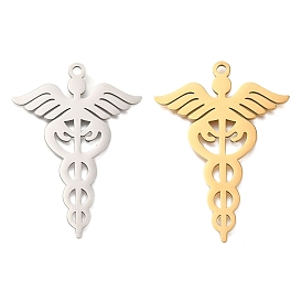 304 Stainless Steel Snake Pendants, Laser Cut, Caduceus Medicine Symbol Charm