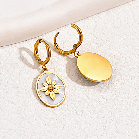 Stainless Steel Huggie Hoop Earrings, with Shell, Oval with Flower Dangle Earring for Women