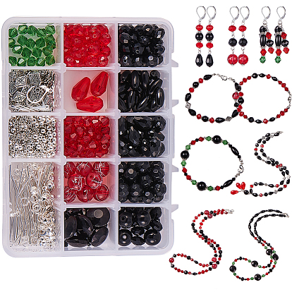 DIY Jewelry Set, with Glass Beads, Tibetan Silver Beads, Brass Leverback Earring Findings, Brass Crimp Beads and Brass Lobster Claw Clasps