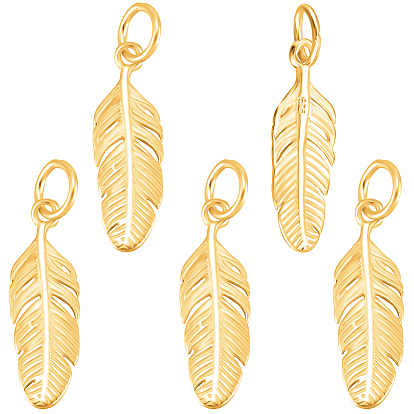 5Pcs 925 Sterling Silver Pendants, Feather Charms with Jump Rings & 1Pc Double Sided Suede Fabric Silver Polishing Cloth