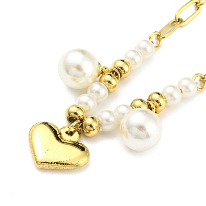 Vacuum Plating 304 Stainless Steel Heart Charm Bracelet, with Plastic Pearl Beaded for Girl Women