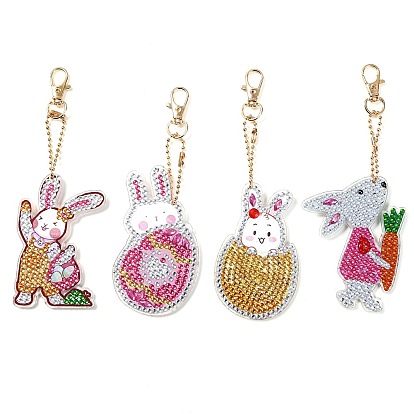 Easter Rabbit DIY Diamond Painting Keychain Kit, Including Acrylic Board, Keychain Clasp, Bead Chain, Resin Rhinestones Bag, Diamond Sticky Pen, Tray Plate and Glue Clay