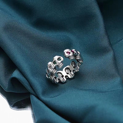 Colorful Rhinestone Skull Wrap Open Cuff Ring, Gothic Brass Jewelry for Women