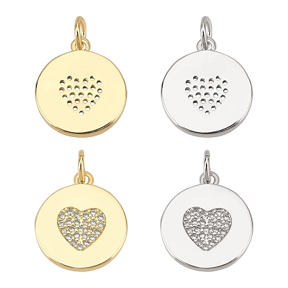 4Pcs 2 Colors Eco-Friendly Brass Micro Pave Cubic Zirconia Pendants, with Jump Ring, Long-Lasting Plated, Flat Rounnd with Heart Pattren