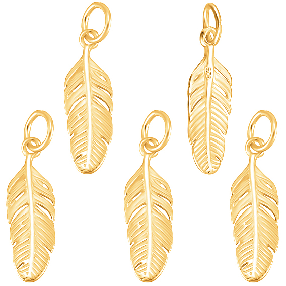 5pcs 925 pendentifs en argent sterling, Breloques en plumes avec anneaux de jonction et chiffon de polissage argenté double face en suédine