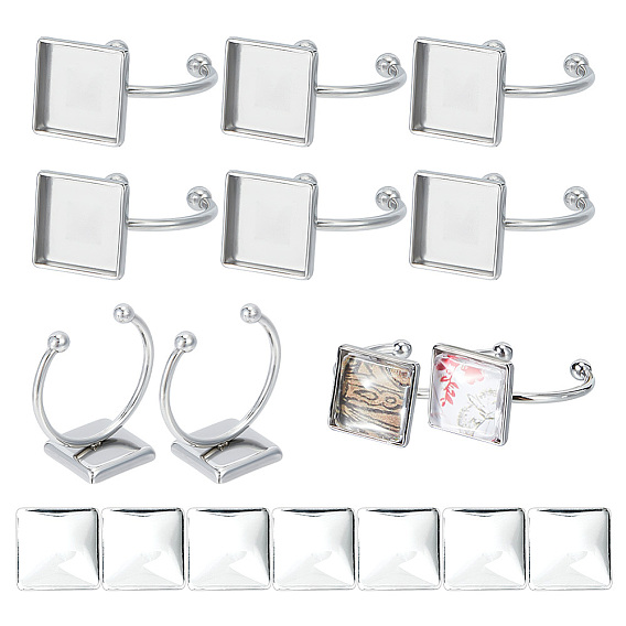 Набор для самостоятельного изготовления квадратных манжетных колец, включая 304 открытые кольца манжеты из нержавеющей стали, Кабошоны из стекла