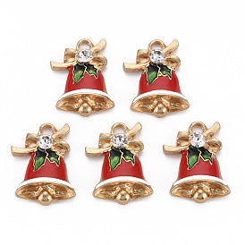Alloy Enamel Pendants, with Crystal Rhinestone, Light Gold, Cadmium Free & Nickel Free & Lead Free, Christmas Bell