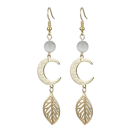 Brass Moon & Leaf Dangle Earrings, Long Drop Earrings with Glass Beaded