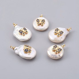 Natural Cultured Freshwater Pearl Pendants, with Cubic Zirconia and Brass Findings, Long-Lasting Plated, Butterfly, Real 18K Gold Plated