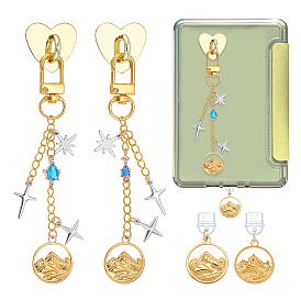 4Ensembles de bouchons anti-poussière en PVC et de supports de téléphone portable en fer, avec des pendentifs en alliage et en acier inoxydable et en verre, montagne et étoile