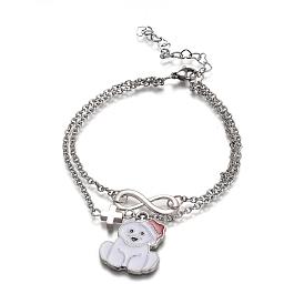 Christmas Theme, 304 Stainless Steel Multi-strand Charm Bracelets, with Alloy Enamel Pendants and Brass Findings, Bear