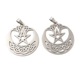 201 Stainless Steel Pendants, Hollow, Flat Round with Trinity Knot & Star Charm