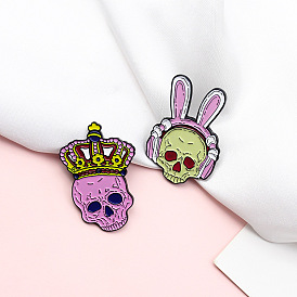 Punk Skull Crown Hat with Bunny Ear Headphones and Creative Alloy Brooch Pin