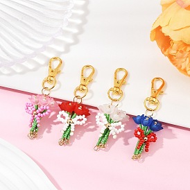 4Pcs 4 Colors Bouquet Handmade Glass Seed Beaded & Acrylic Pendants Decorations, with Alloy Swivel Lobster Claw Clasps