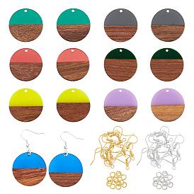 Kits de fabrication de boucles d'oreilles pendantes en bois de noyer, 14pcs 7 couleurs pendentifs ronds plats en résine et bois de noyer, crochets et anneaux de saut en laiton