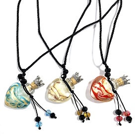 Collares pendientes hechos a mano de la botella de perfume del murallón, con hilo de nylon trenzada, perlas de vidrio de aleación y electrochapa, corazón con la corona