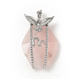Natural Rose Quartz Pendants, Teardrop Charm, with Stainless Steel Color Plated 304 Stainless Steel  Bird & Snake Findings and Jump Ring
