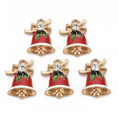 Alloy Enamel Pendants, with Crystal Rhinestone, Light Gold, Cadmium Free & Nickel Free & Lead Free, Christmas Bell