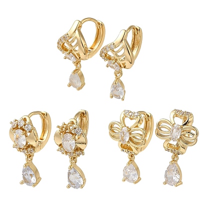 Brass Micro Pave Cubic Zirconia Dangle Hoop Earrings, with Glass