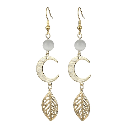 Brass Moon & Leaf Dangle Earrings, Long Drop Earrings with Glass Beaded