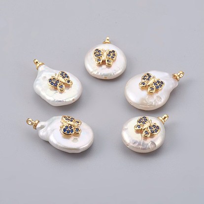 Natural Cultured Freshwater Pearl Pendants, with Cubic Zirconia and Brass Findings, Long-Lasting Plated, Butterfly, Real 18K Gold Plated