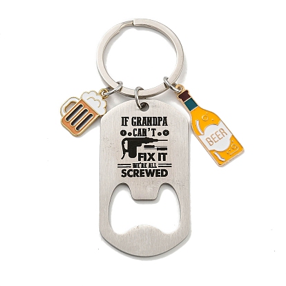 Father's Day 201 Stainless Steel Bottle Opener Keychains, with Iron Rings and Beer Alloy Enamel Pendant