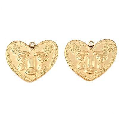 304 Stainless Steel Pendants, Heart with Abstract Face Charms, Ion Plating(IP)