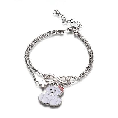 Christmas Theme, 304 Stainless Steel Multi-strand Charm Bracelets, with Alloy Enamel Pendants and Brass Findings, Bear