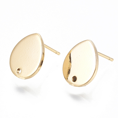Brass Stud Earring Findings, with Loop and Flat Plate, Teardrop, Nickel Free