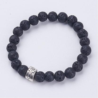 Natural Lava Rock Beads Stretch Bracelets, with Alloy European Beads