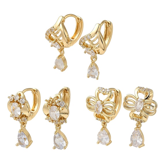 Brass Micro Pave Cubic Zirconia Dangle Hoop Earrings, with Glass