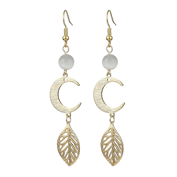 Brass Moon & Leaf Dangle Earrings, Long Drop Earrings with Glass Beaded