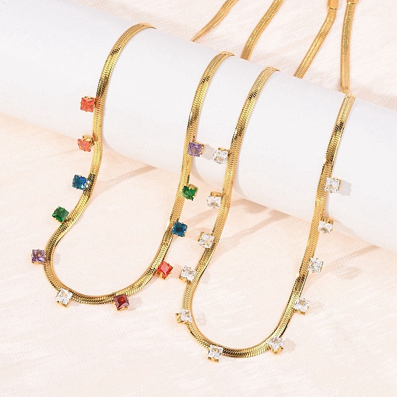 304 Плоские цепочки-колье из нержавеющей стали в форме змеи с квадратными кубическими циркониями, реальный 18 k позолоченный