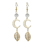 Brass Moon & Leaf Dangle Earrings, Long Drop Earrings with Glass Beaded